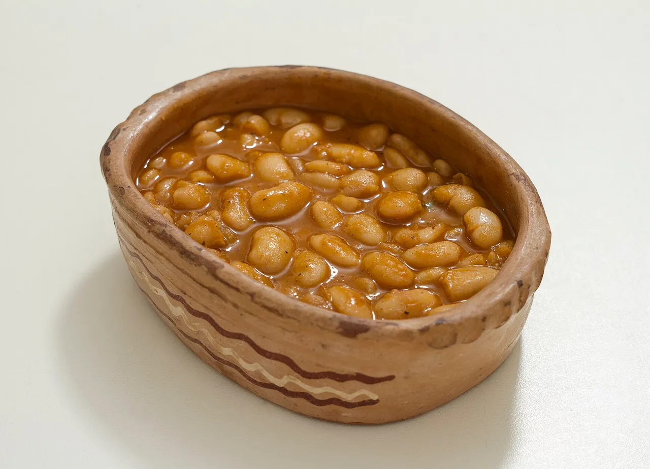 Tavče gravče, Macedonian baked beans, in a decorated unglazed earthenware pot